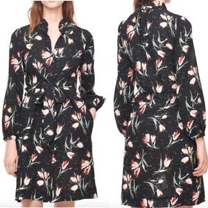 Rebecca Taylor 100% Silk Floral Dress Tie Waist Black Size 10